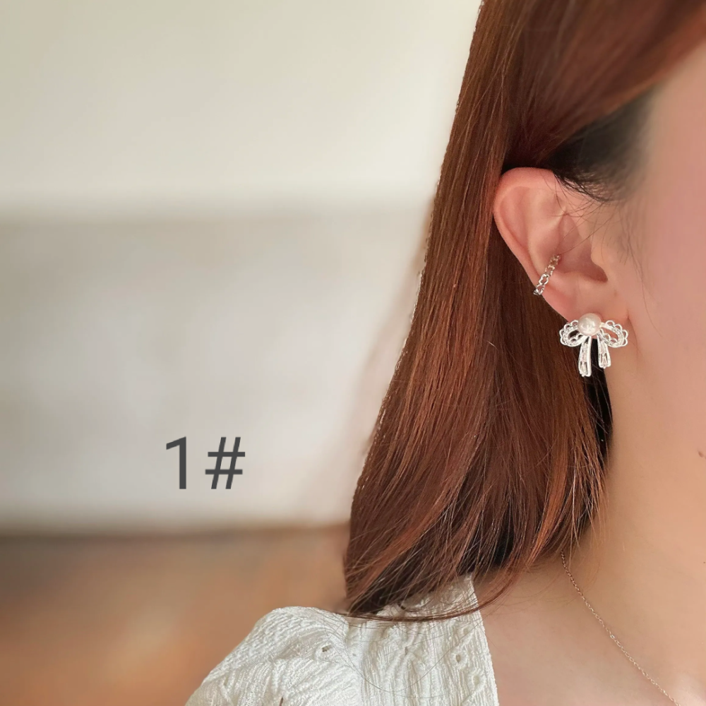 💖台灣現貨🌿芭蕾風~花邊蕾絲蝴蝶結耳環 925銀針愛心鋯石珍珠耳環 韓系新款小眾設計氣質百搭耳飾【G498】-規格圖9