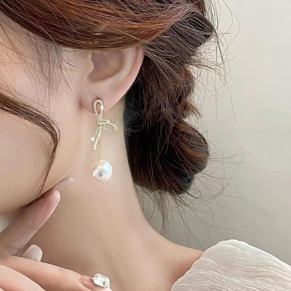 💖台灣現貨🌿打結蝴蝶結珍珠流蘇耳環 精緻滿鑲蝴蝶結珍珠吊墜耳環 輕奢氣質甜美耳飾【G500】-細節圖3