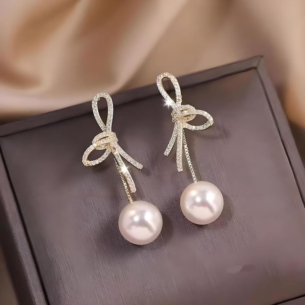 💖台灣現貨🌿打結蝴蝶結珍珠流蘇耳環 精緻滿鑲蝴蝶結珍珠吊墜耳環 輕奢氣質甜美耳飾【G500】-細節圖6