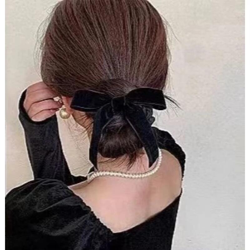 ✨台灣現貨🌿法式復古黑色絲絨蝴蝶結髮圈 韓國甜美氣質小腸圈頭繩皮筋【ND97】-細節圖6