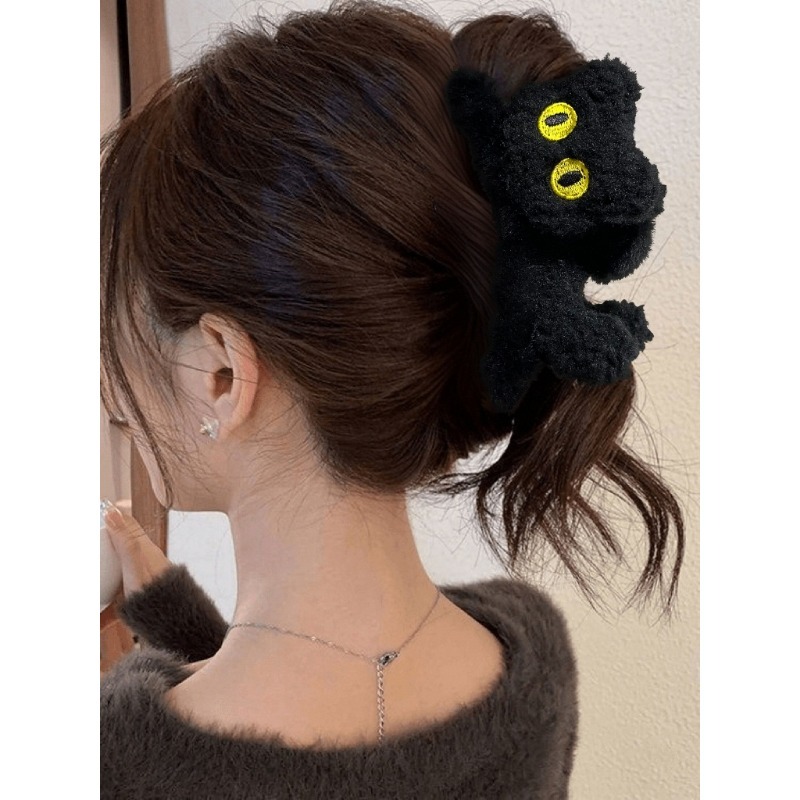 ✨台灣現貨🌿可愛毛絨貓咪鯊魚夾 韓系INS休閒百搭氣質後腦勺髮飾 盤髮髮夾 抓夾 韓式髮夾【M125】-細節圖8