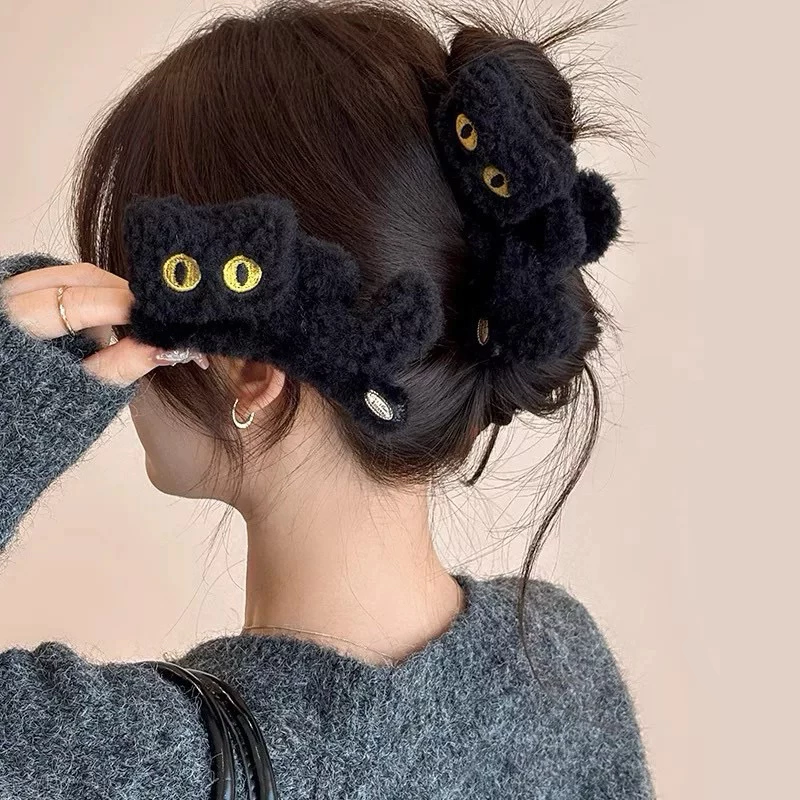 ✨台灣現貨🌿可愛毛絨貓咪鯊魚夾 韓系INS休閒百搭氣質後腦勺髮飾 盤髮髮夾 抓夾 韓式髮夾【M125】-細節圖3