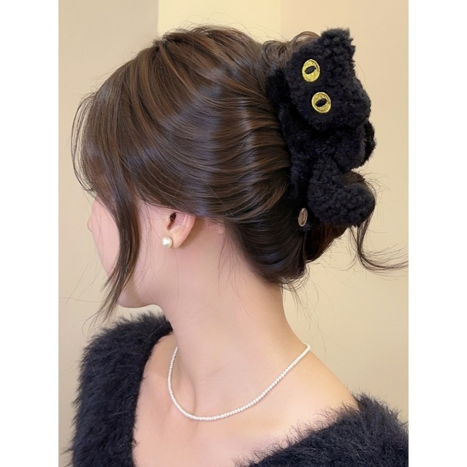 ✨台灣現貨🌿可愛毛絨貓咪鯊魚夾 韓系INS休閒百搭氣質後腦勺髮飾 盤髮髮夾 抓夾 韓式髮夾【M125】-細節圖6