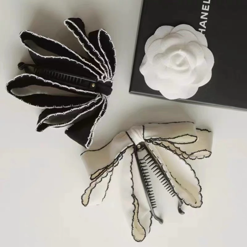 ✨台灣現貨🌿日系小香風~黑白色蝴蝶結香蕉夾 豎夾 氣質甜美百搭一字夾蝴蝶結馬尾夾【N147】-細節圖9