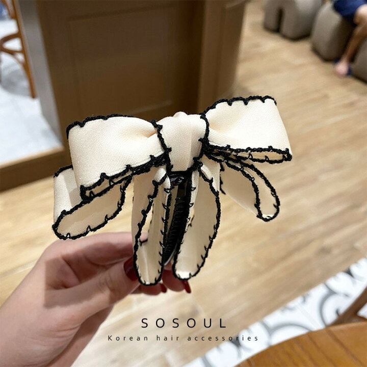 ✨台灣現貨🌿日系小香風~黑白色蝴蝶結香蕉夾 豎夾 氣質甜美百搭一字夾蝴蝶結馬尾夾【N147】-細節圖10