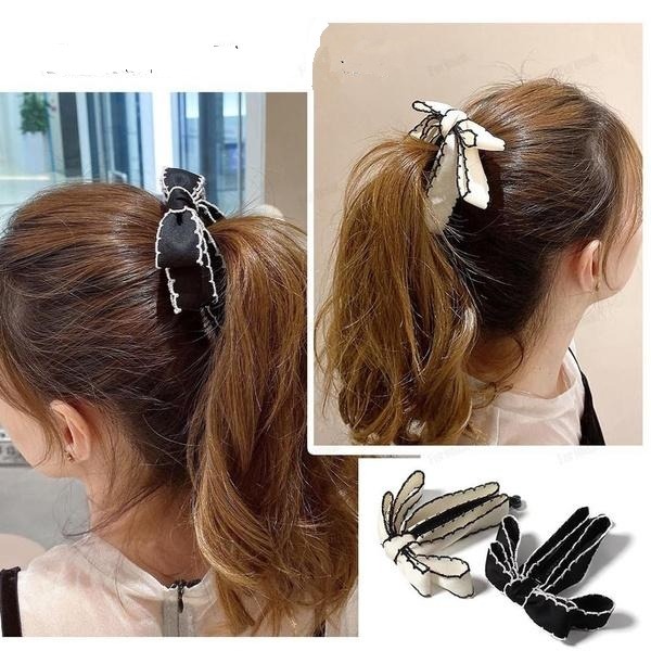 ✨台灣現貨🌿日系小香風~黑白色蝴蝶結香蕉夾 豎夾 氣質甜美百搭一字夾蝴蝶結馬尾夾【N147】-細節圖11