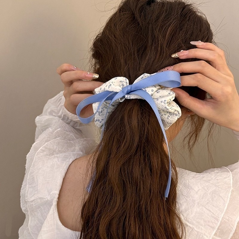 ✨台灣現貨🌿韓系小清新藍色碎花大腸髮圈 簡約甜美花朵蝴蝶結綁頭髮馬尾髮繩 扎丸子頭皮筋頭繩【ND135】-細節圖2