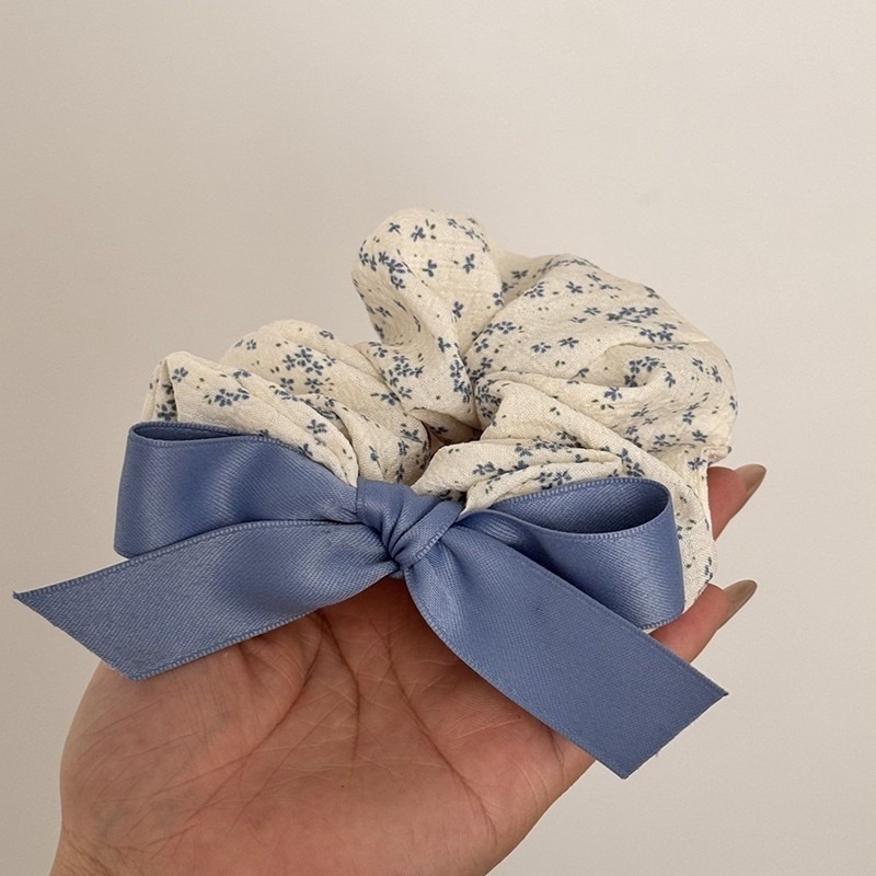 ✨台灣現貨🌿韓系小清新藍色碎花大腸髮圈 簡約甜美花朵蝴蝶結綁頭髮馬尾髮繩 扎丸子頭皮筋頭繩【ND135】-細節圖4