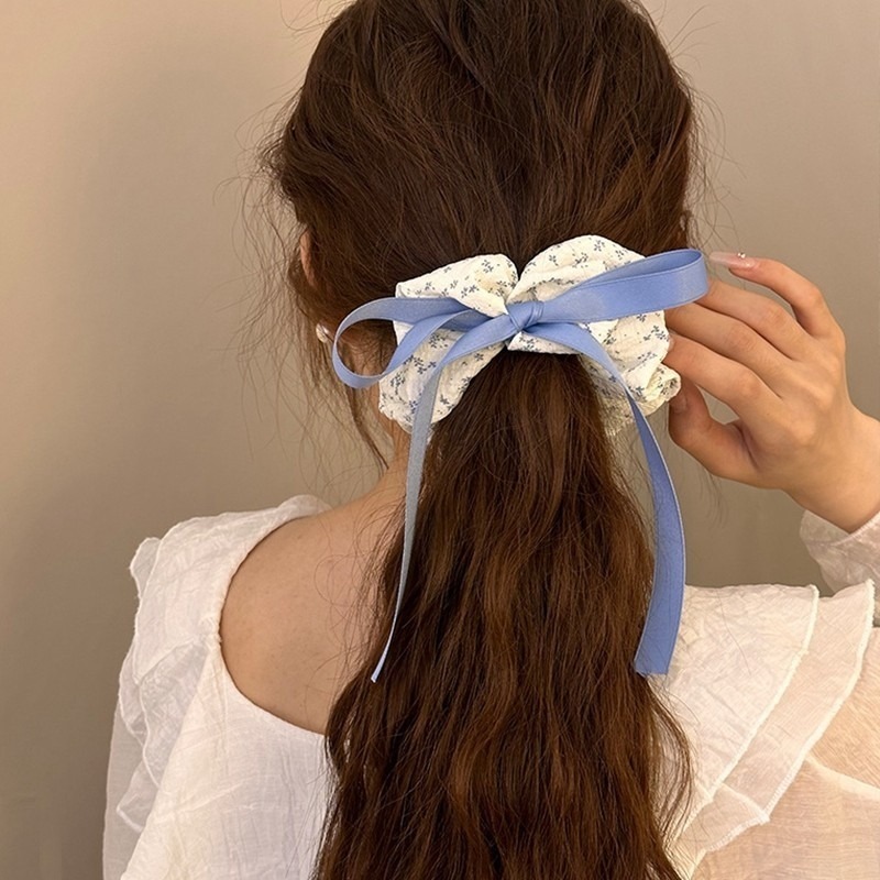 ✨台灣現貨🌿韓系小清新藍色碎花大腸髮圈 簡約甜美花朵蝴蝶結綁頭髮馬尾髮繩 扎丸子頭皮筋頭繩【ND135】-細節圖5