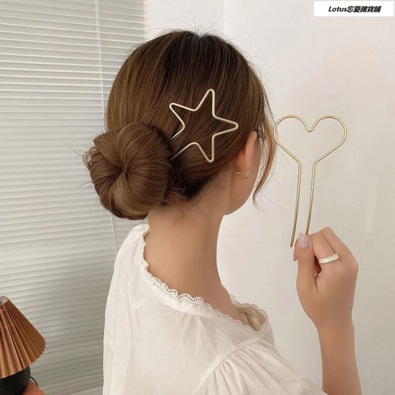 ✨台灣現貨🌿 日系 星星 愛心 金屬鏤空幾何盤髮髮簪 簡約小眾百搭氣質髮插簪子-細節圖8
