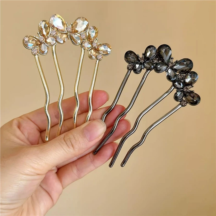 ✨台灣現貨🌿超好用U型髮簪✨新款蝴蝶4齒髮插 氣質百搭丸子頭盤髮神器 鐵質髮插u型髮簪頭飾【N127】-細節圖2