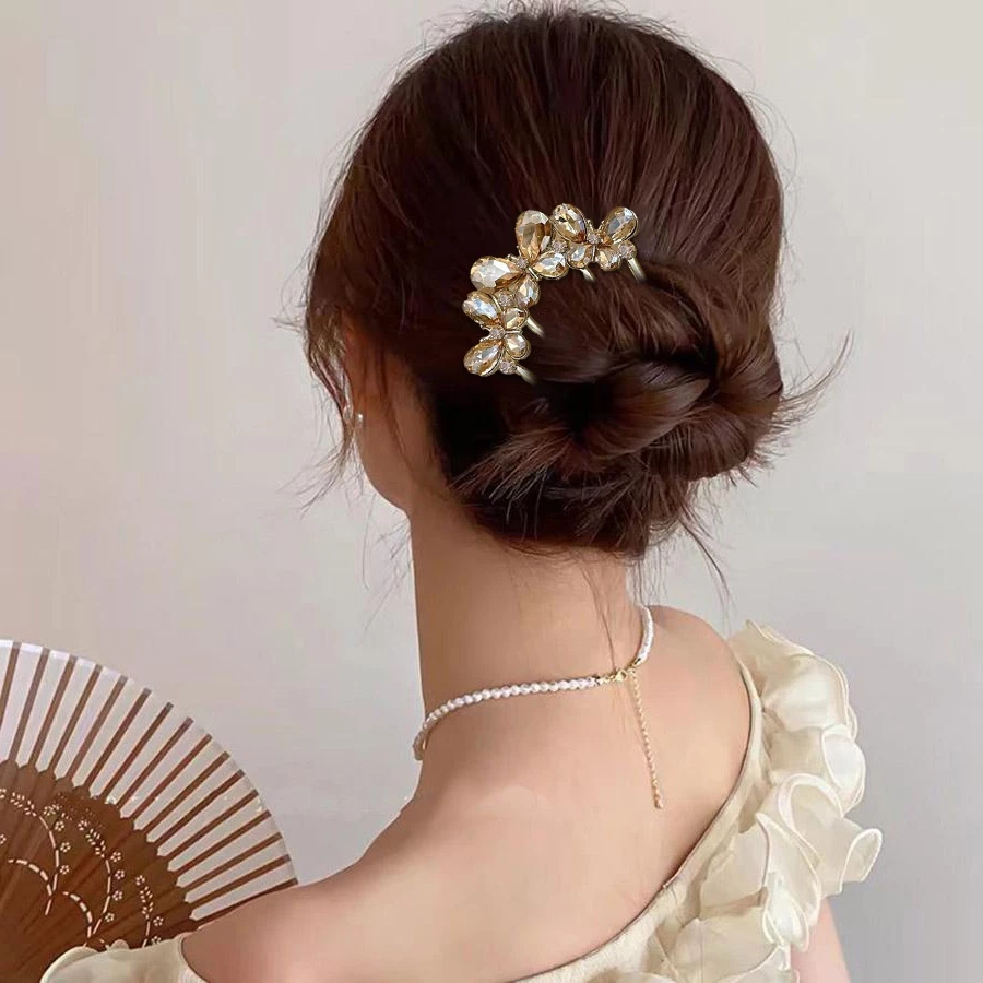 ✨台灣現貨🌿超好用U型髮簪✨新款蝴蝶4齒髮插 氣質百搭丸子頭盤髮神器 鐵質髮插u型髮簪頭飾【N127】-細節圖3