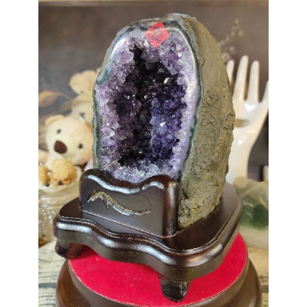 💰天然烏拉圭紫水晶洞 迷你小顆晶洞 帶官帽 二次結晶方解石、鈦晶 綠瑪瑙邊線 附訂製木座 送元寶1176g-細節圖2