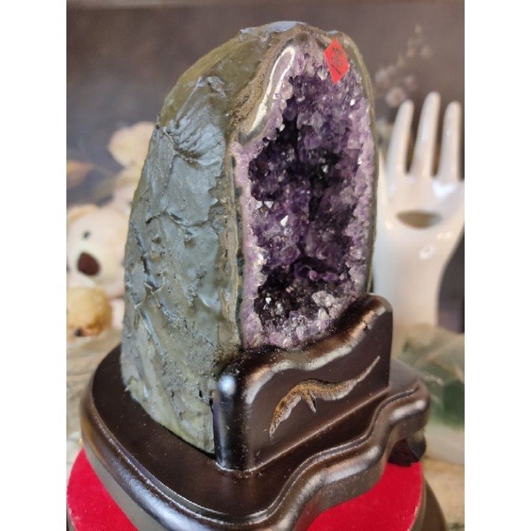 💰天然烏拉圭紫水晶洞 迷你小顆晶洞 帶官帽 二次結晶方解石、鈦晶 綠瑪瑙邊線 附訂製木座 送元寶1176g-細節圖6