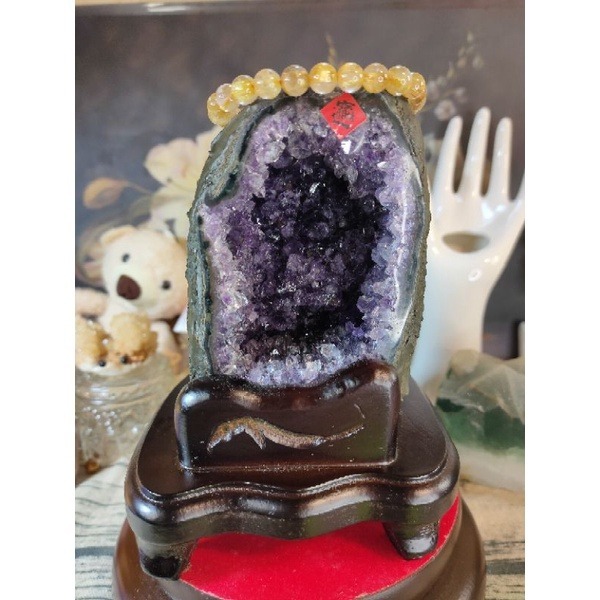 💰天然烏拉圭紫水晶洞 迷你小顆晶洞 帶官帽 二次結晶方解石、鈦晶 綠瑪瑙邊線 附訂製木座 送元寶1176g-細節圖8