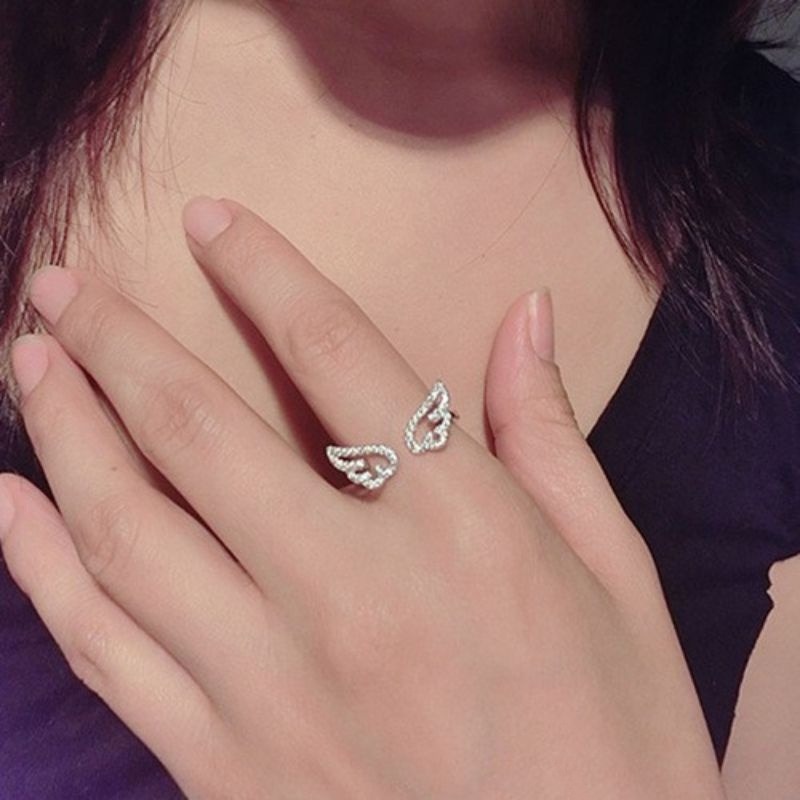 💍台灣現貨🌿韓風天使之翼開口戒指 翅膀微鑲尾戒 指環 INS簡約開口可調節戒指 甜蜜約會情人節生日禮物-細節圖2