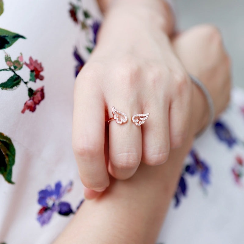 💍台灣現貨🌿韓風天使之翼開口戒指 翅膀微鑲尾戒 指環 INS簡約開口可調節戒指 甜蜜約會情人節生日禮物-細節圖7