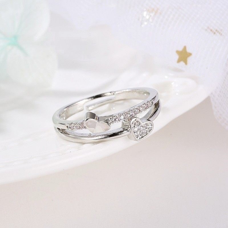 💍台灣現貨🌿韓版心心相印戒指 簡約風格桃心雙開口可調節女戒指 情人節當禮物閨蜜禮物【O17】-細節圖4