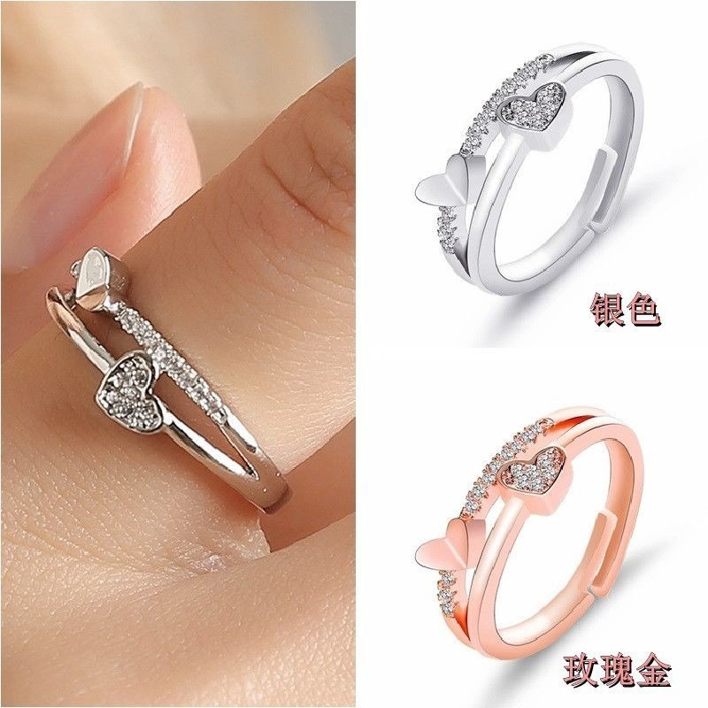 💍台灣現貨🌿韓版心心相印戒指 簡約風格桃心雙開口可調節女戒指 情人節當禮物閨蜜禮物【O17】-細節圖5