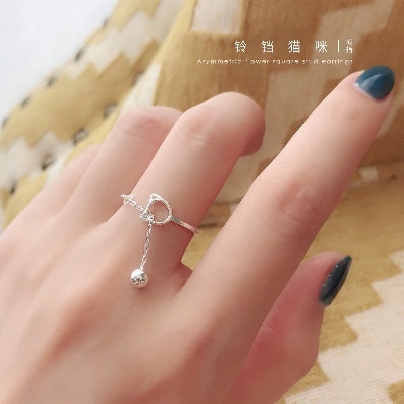 💍台灣現貨💍日韓 INS清新簍空貓咪鈴鐺開口戒指 可愛貓咪 鈴鐺 流蘇 戒指-細節圖2
