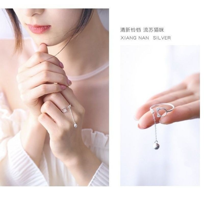 💍台灣現貨💍日韓 INS清新簍空貓咪鈴鐺開口戒指 可愛貓咪 鈴鐺 流蘇 戒指-細節圖4