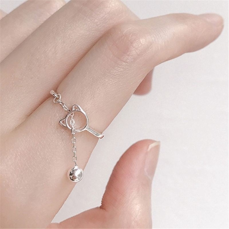 💍台灣現貨💍日韓 INS清新簍空貓咪鈴鐺開口戒指 可愛貓咪 鈴鐺 流蘇 戒指-細節圖5