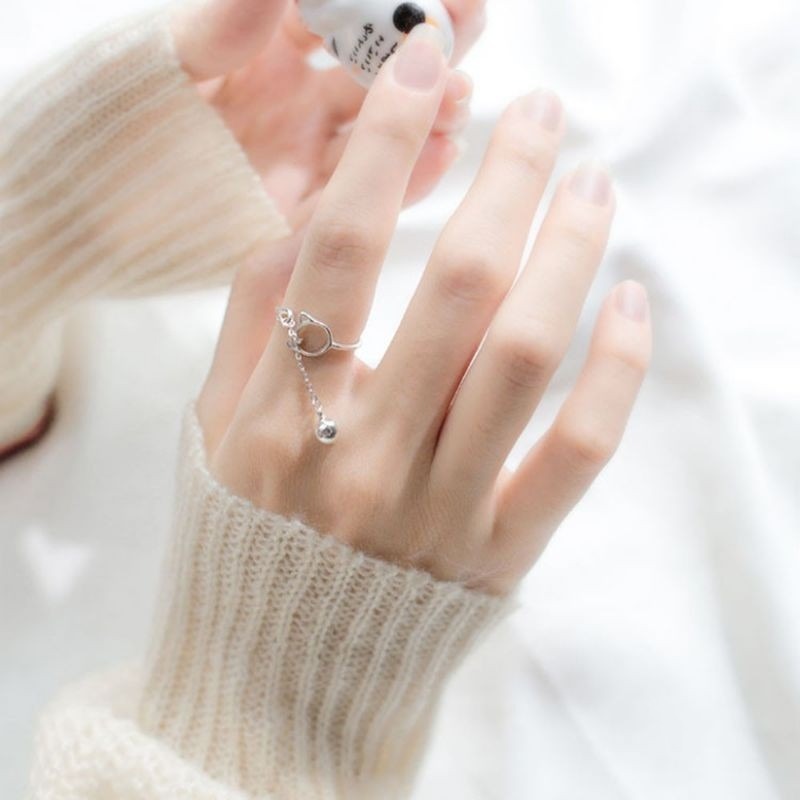 💍台灣現貨💍日韓 INS清新簍空貓咪鈴鐺開口戒指 可愛貓咪 鈴鐺 流蘇 戒指-細節圖7