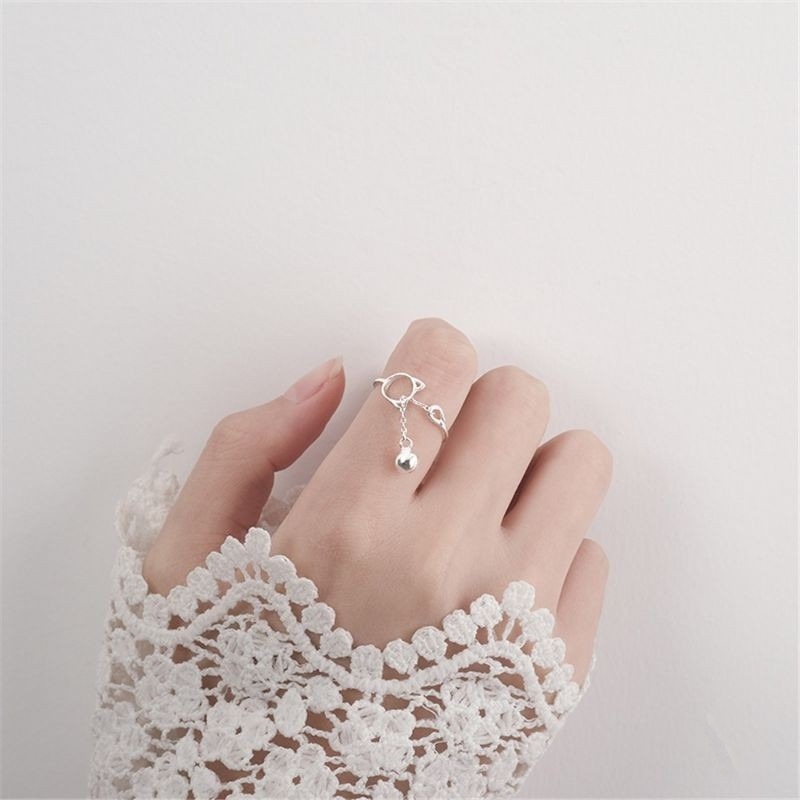 💍台灣現貨💍日韓 INS清新簍空貓咪鈴鐺開口戒指 可愛貓咪 鈴鐺 流蘇 戒指-細節圖8