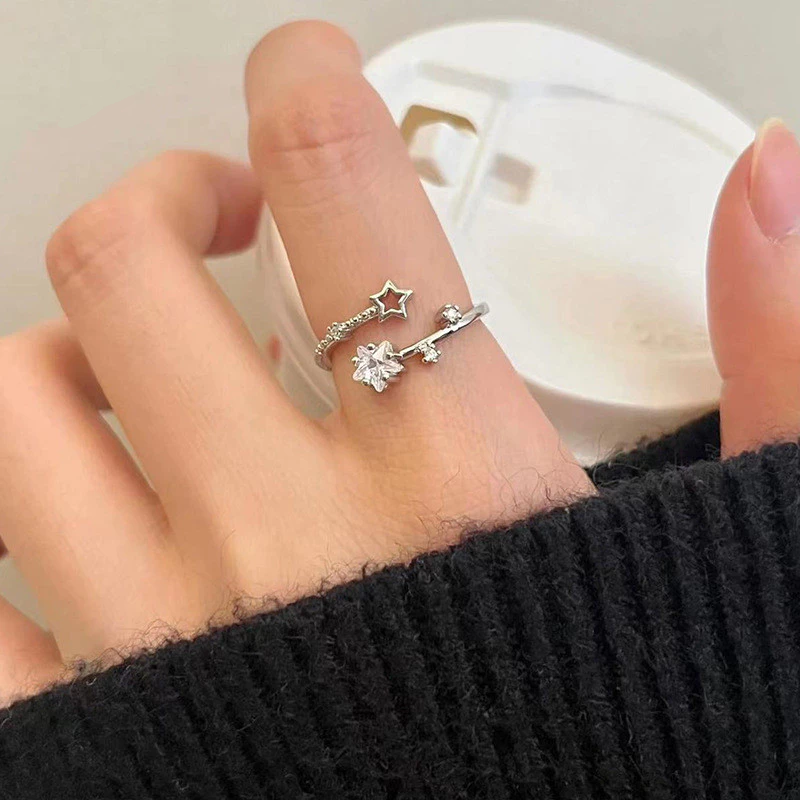 💍台灣現貨🌿浪漫繁星鋯石戒指 微鑲鑽輕奢冷淡風五角星形ins潮鋯石可調節戒指食指戒【O79】-細節圖4