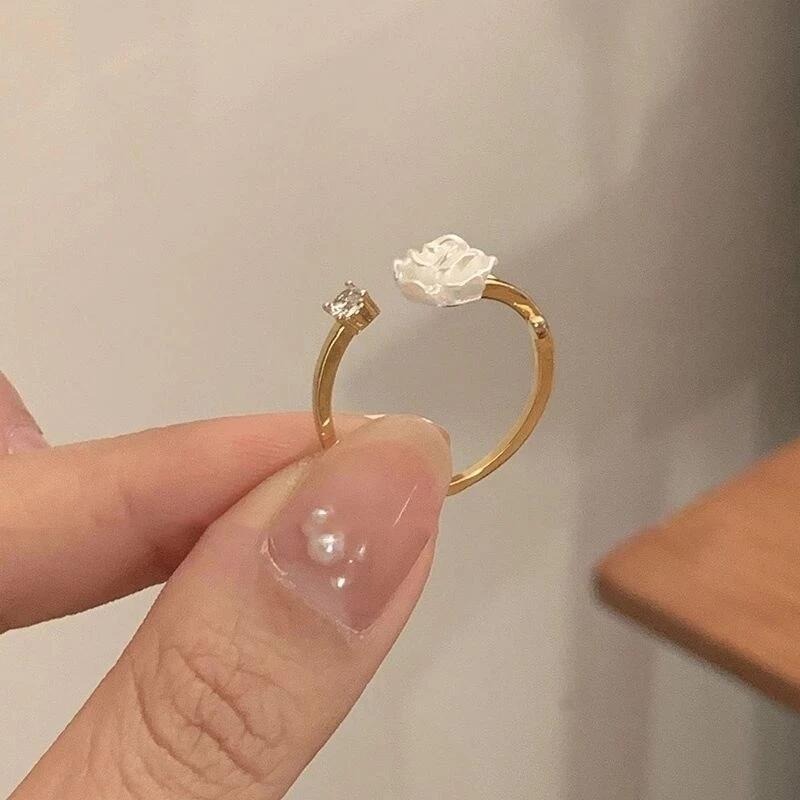 💍台灣現貨🌿山茶花開口可調整小眾設計水鑽氣質簡約時尚戒指玫瑰花小巧指環【O69】-細節圖8