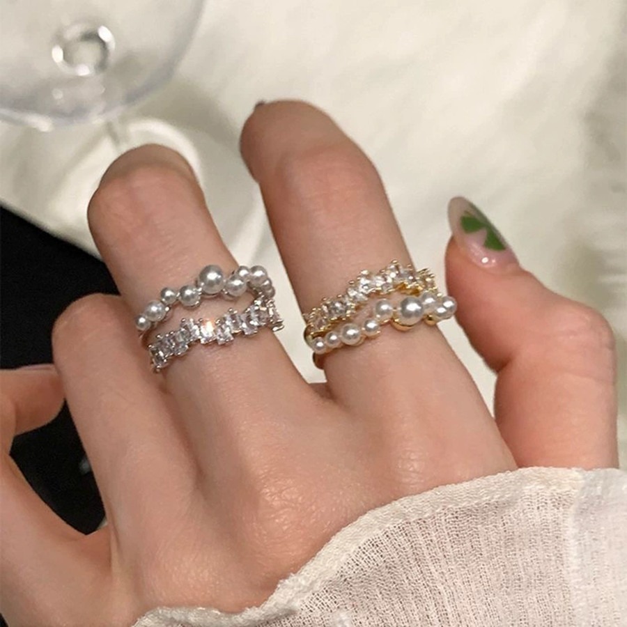 💍台灣現貨🌿星河璀璨滿天星珍珠雙層開口戒 輕奢小眾時尚食指中指可調節戒指【O81】-細節圖4