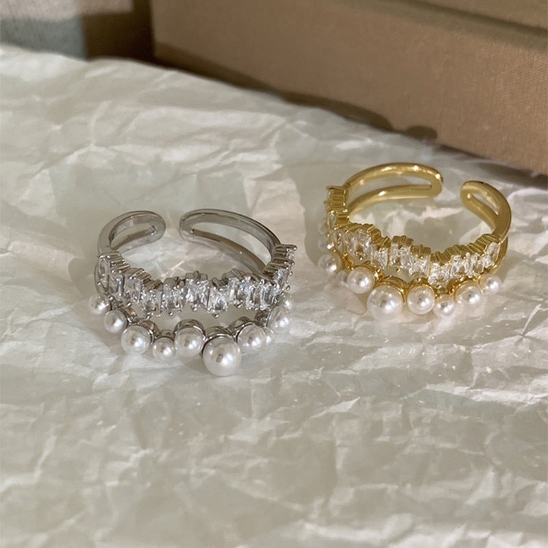 💍台灣現貨🌿星河璀璨滿天星珍珠雙層開口戒 輕奢小眾時尚食指中指可調節戒指【O81】-細節圖6
