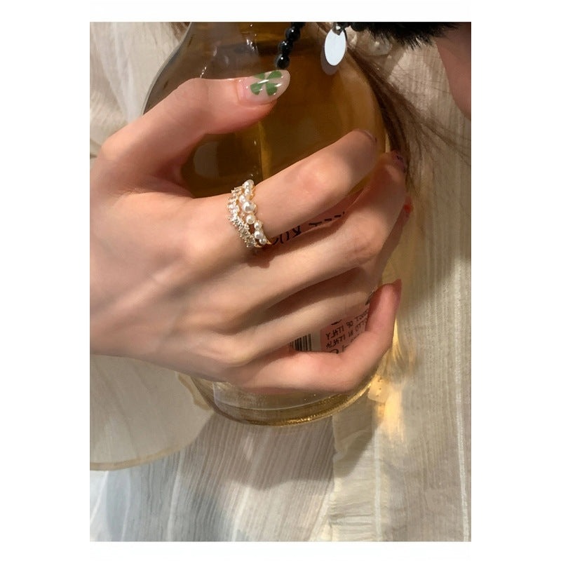 💍台灣現貨🌿星河璀璨滿天星珍珠雙層開口戒 輕奢小眾時尚食指中指可調節戒指【O81】-細節圖8