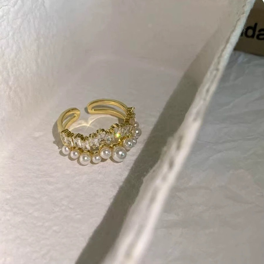 💍台灣現貨🌿星河璀璨滿天星珍珠雙層開口戒 輕奢小眾時尚食指中指可調節戒指【O81】-規格圖11