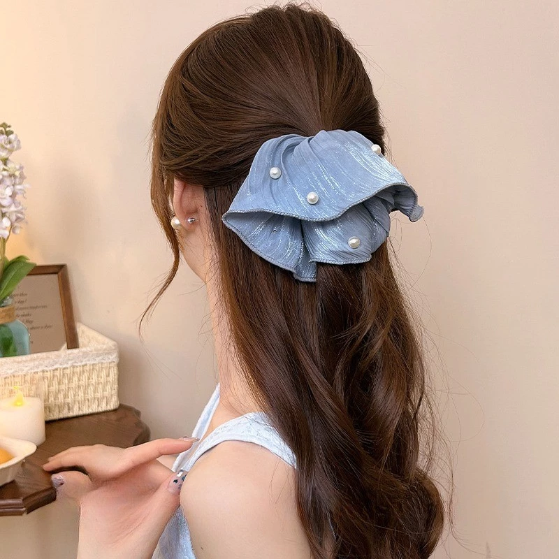 ✨台灣現貨🌿法式超仙流光紗褶皺珍珠大腸髮圈 ins 褶皺紋理扎馬尾髮繩溫柔百搭大號髮飾【ND137】-細節圖6