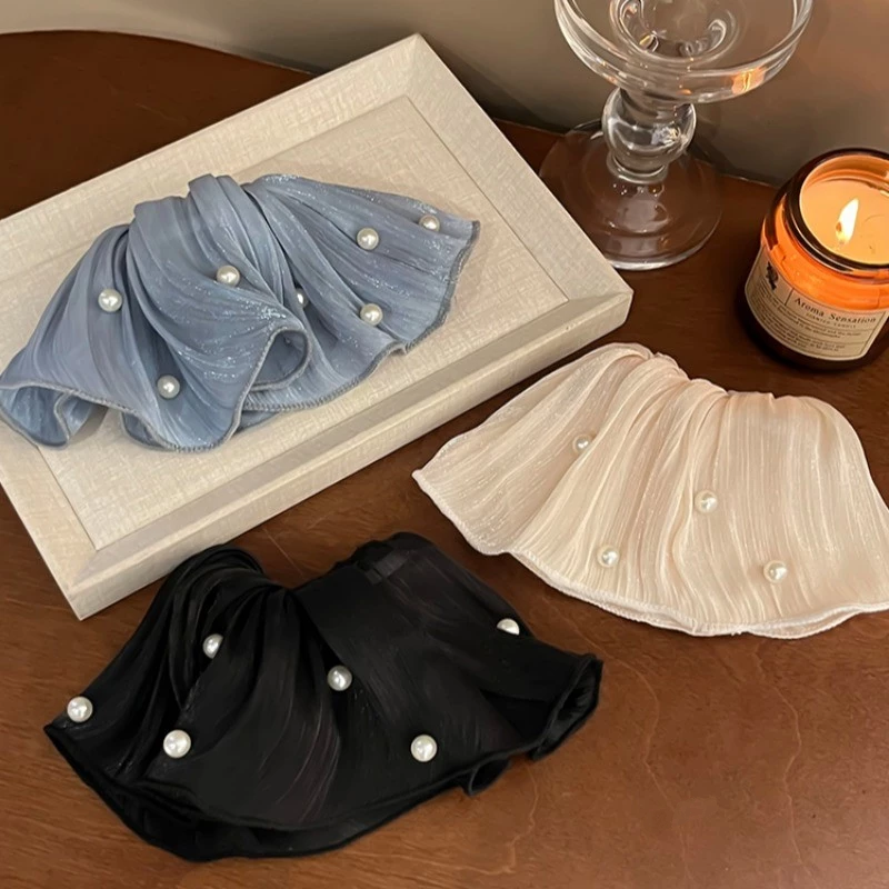 ✨台灣現貨🌿法式超仙流光紗褶皺珍珠大腸髮圈 ins 褶皺紋理扎馬尾髮繩溫柔百搭大號髮飾【ND137】-細節圖7