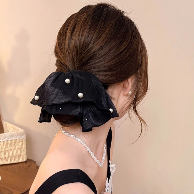 ✨台灣現貨🌿法式超仙流光紗褶皺珍珠大腸髮圈 ins 褶皺紋理扎馬尾髮繩溫柔百搭大號髮飾【ND137】-細節圖8