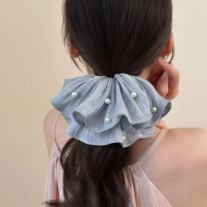 ✨台灣現貨🌿法式超仙流光紗褶皺珍珠大腸髮圈 ins 褶皺紋理扎馬尾髮繩溫柔百搭大號髮飾【ND137】-細節圖9