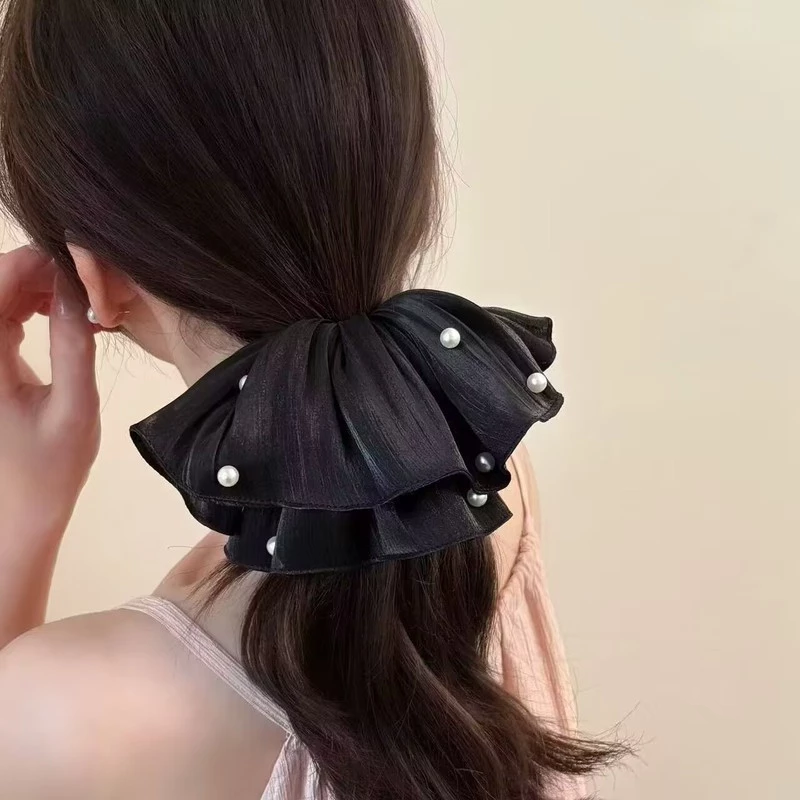 ✨台灣現貨🌿法式超仙流光紗褶皺珍珠大腸髮圈 ins 褶皺紋理扎馬尾髮繩溫柔百搭大號髮飾【ND137】-細節圖10