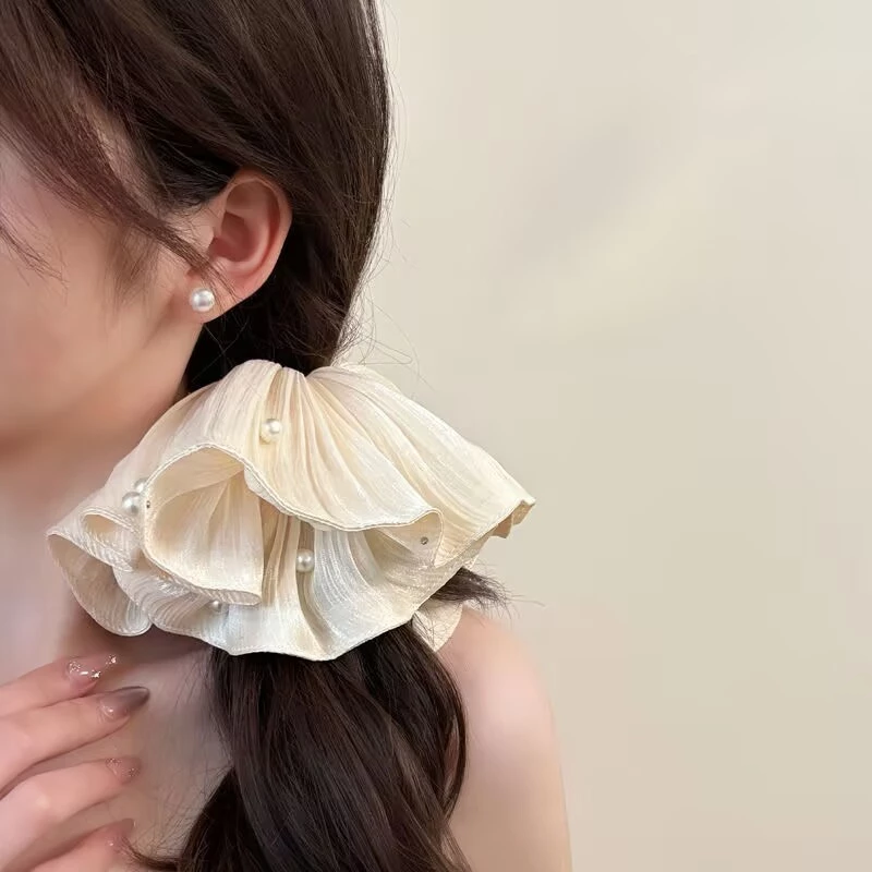 ✨台灣現貨🌿法式超仙流光紗褶皺珍珠大腸髮圈 ins 褶皺紋理扎馬尾髮繩溫柔百搭大號髮飾【ND137】-細節圖11