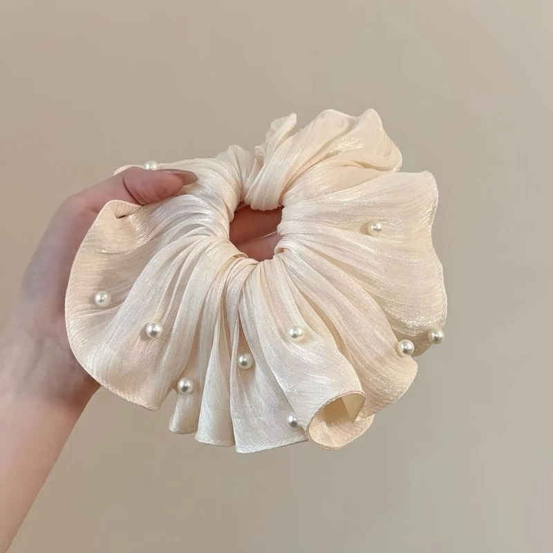 ✨台灣現貨🌿法式超仙流光紗褶皺珍珠大腸髮圈 ins 褶皺紋理扎馬尾髮繩溫柔百搭大號髮飾【ND137】-規格圖11