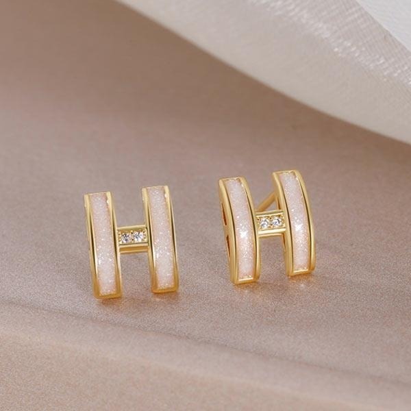 💖台灣現貨🌿925銀針 微鑲鑽H字母耳環 氣質小眾設計感冷淡風小巧復古耳釘耳環【G124】-細節圖4