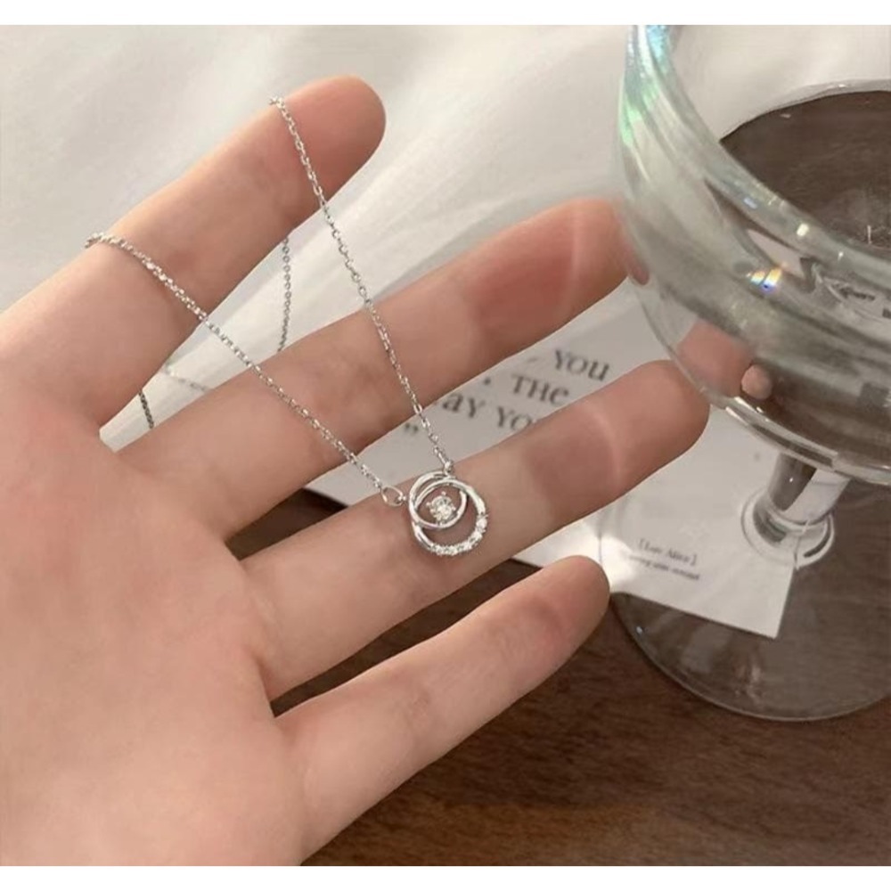 👗台灣現貨🌿韓系圓環鋯石項鍊 鎖骨鏈 雙環鑽設計 小眾 百搭 氣質 頸鍊 鎖骨鍊【Q90】-細節圖2