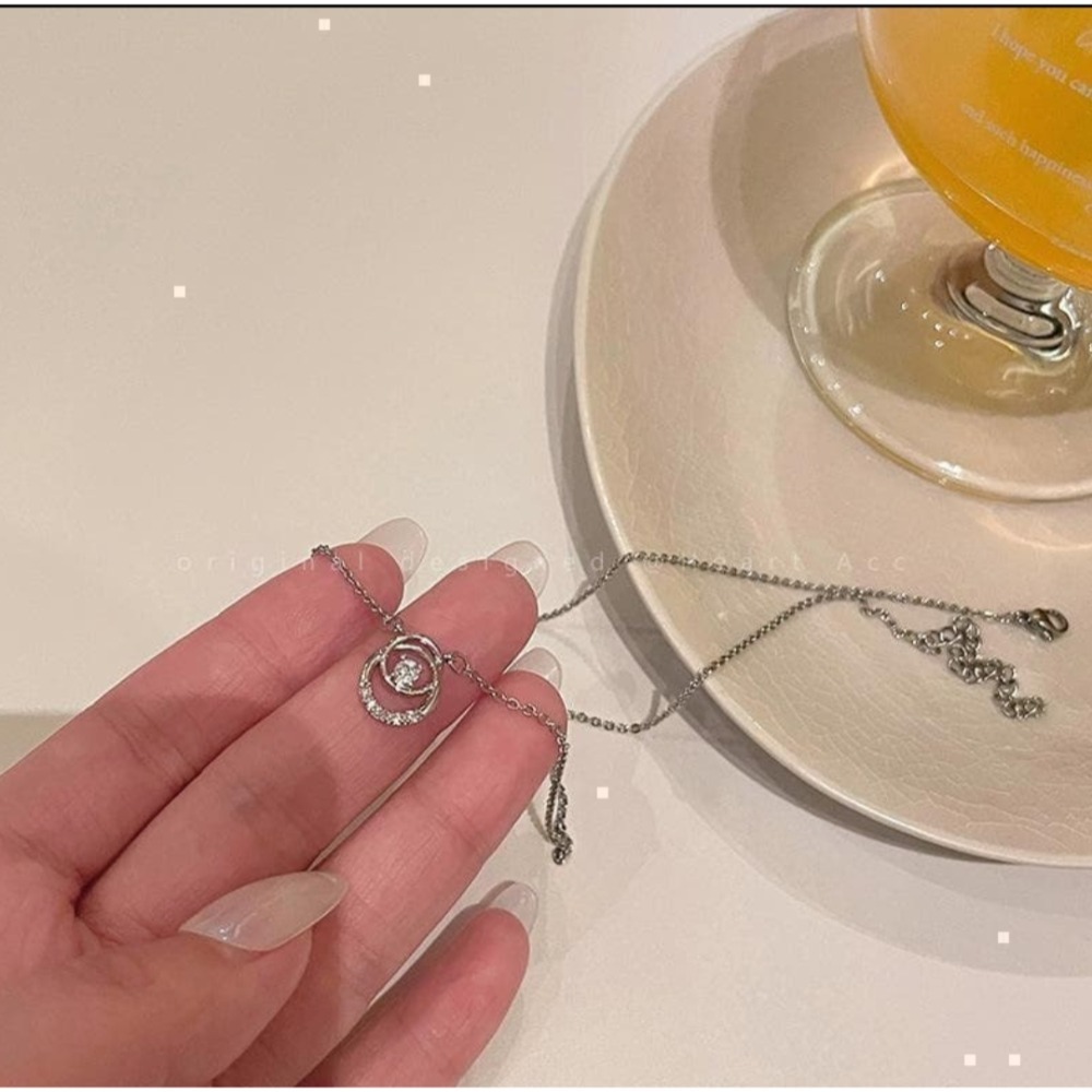 👗台灣現貨🌿韓系圓環鋯石項鍊 鎖骨鏈 雙環鑽設計 小眾 百搭 氣質 頸鍊 鎖骨鍊【Q90】-細節圖7