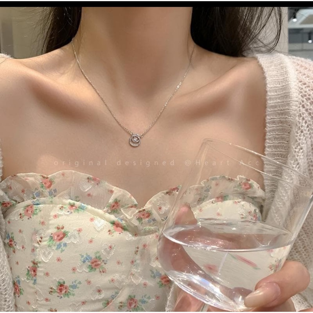 👗台灣現貨🌿韓系圓環鋯石項鍊 鎖骨鏈 雙環鑽設計 小眾 百搭 氣質 頸鍊 鎖骨鍊【Q90】-細節圖9