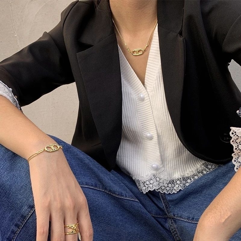 👗台灣現貨🌿法式複古凱旋門雙層疊戴項鍊手鍊戒指 ins潮冷淡極簡風雙層鏈條氣質項鏈手鏈指環開口戒套組【Q81】-細節圖6
