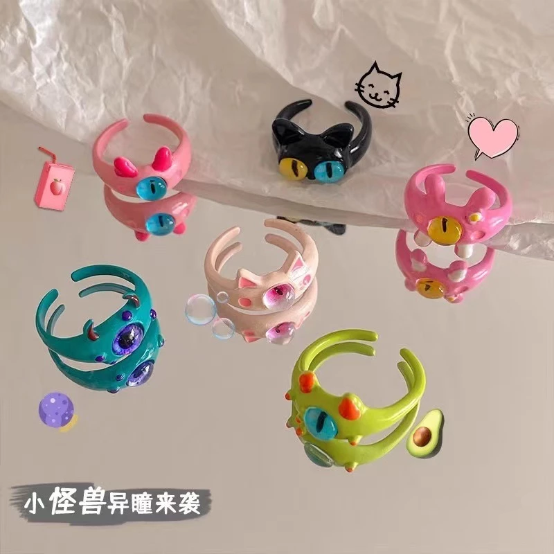 💍台灣現貨🌿可愛貓咪小怪獸開口戒指 搞怪黑魔貓獨眼ins個性食指戒指學生閨蜜情侶戒【O81】-細節圖2