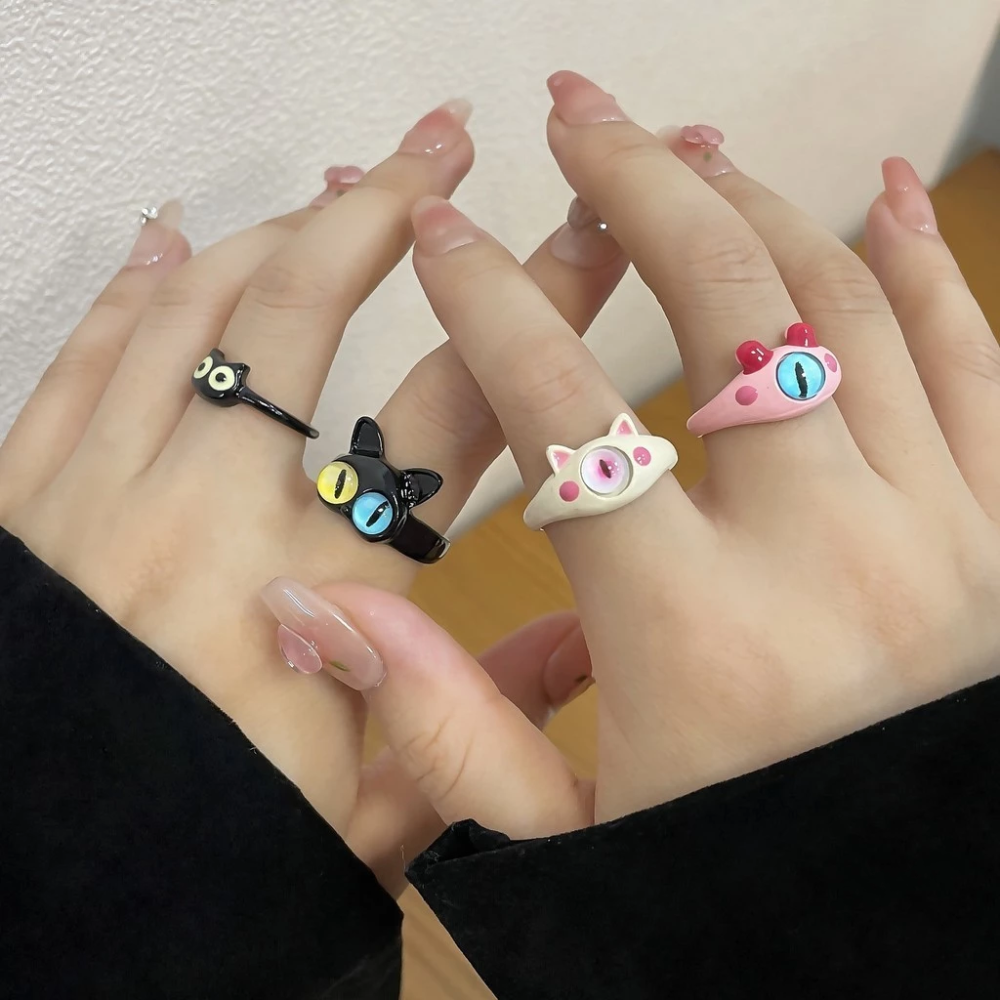 💍台灣現貨🌿可愛貓咪小怪獸開口戒指 搞怪黑魔貓獨眼ins個性食指戒指學生閨蜜情侶戒【O81】-細節圖6