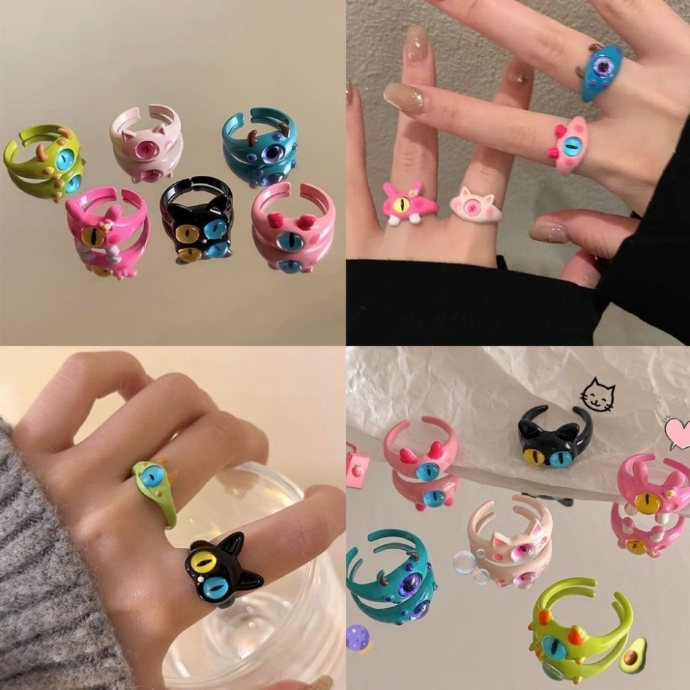 💍台灣現貨🌿可愛貓咪小怪獸開口戒指 搞怪黑魔貓獨眼ins個性食指戒指學生閨蜜情侶戒【O81】-細節圖10