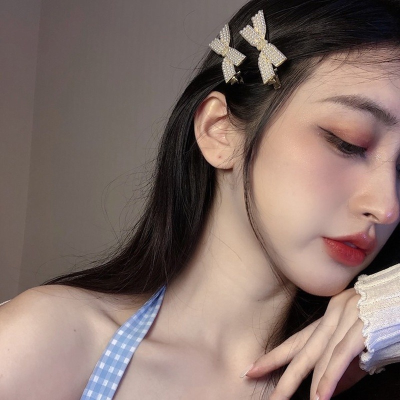 🎀台灣現貨🌿韓版ins網紅同款珍珠蝴蝶結髮夾 劉海交叉髮夾 日韓少女側邊夾 一字夾 鴨嘴夾-細節圖2